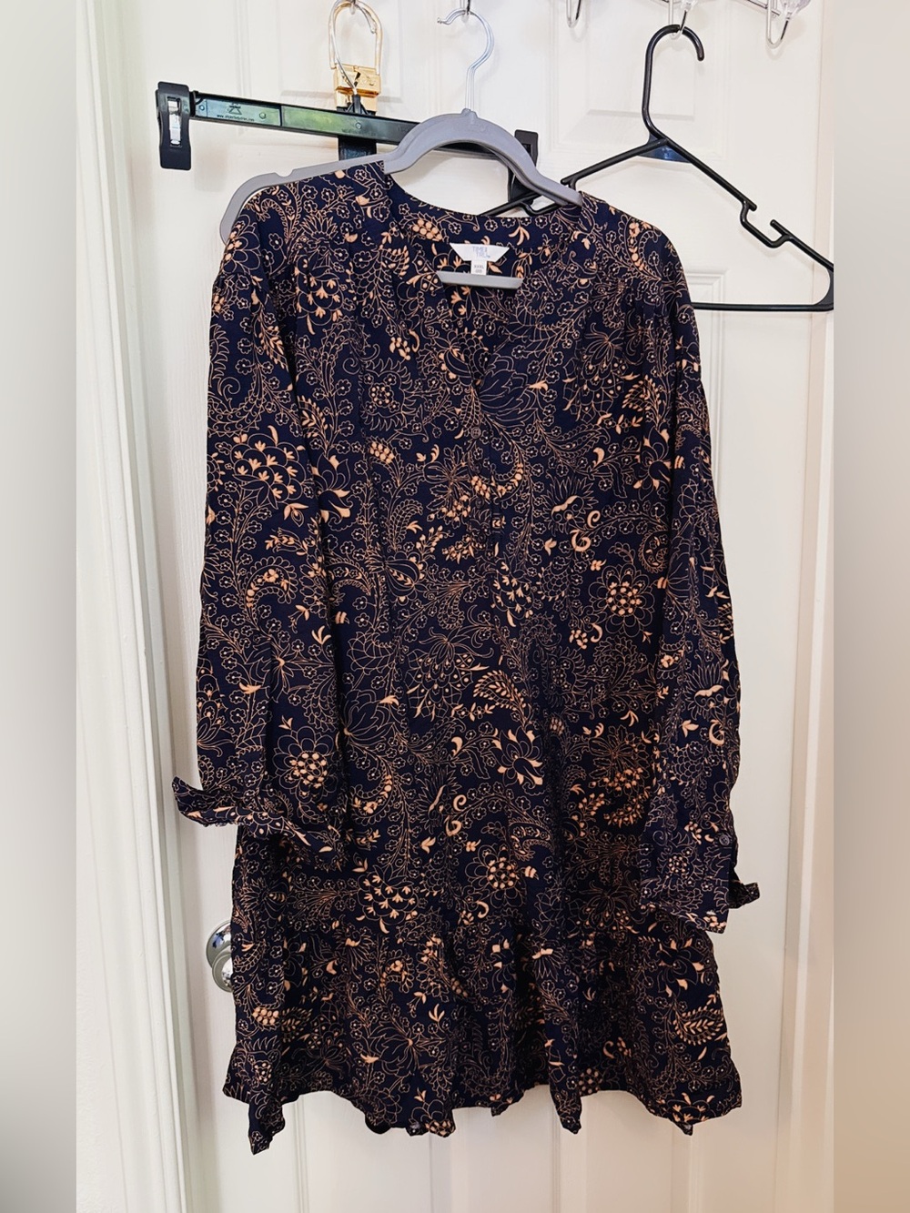 Time and Tru Navy Long Sleeve Floral Print Dress with Tan Accents
